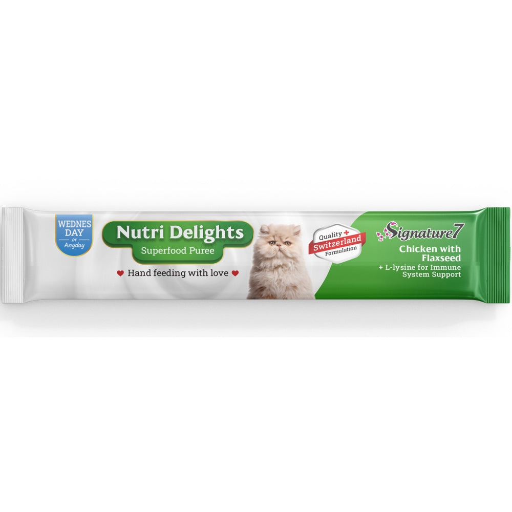 '3 FOR $8.90': Signature7 Nutri Delights Superfood Chicken With Flaxseed & L-lysine (Wed) Puree Cat Treats 60g