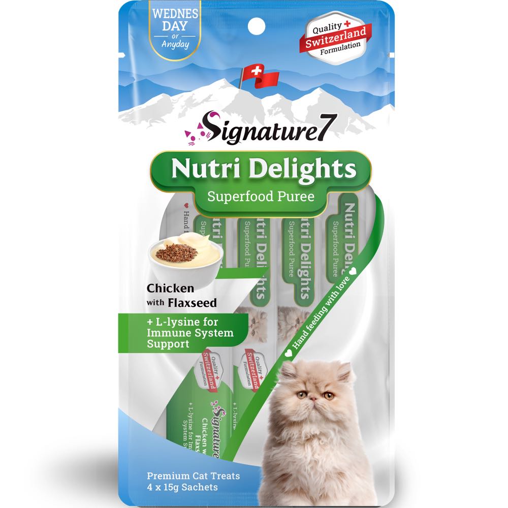 '3 FOR $8.90': Signature7 Nutri Delights Superfood Chicken With Flaxseed & L-lysine (Wed) Puree Cat Treats 60g