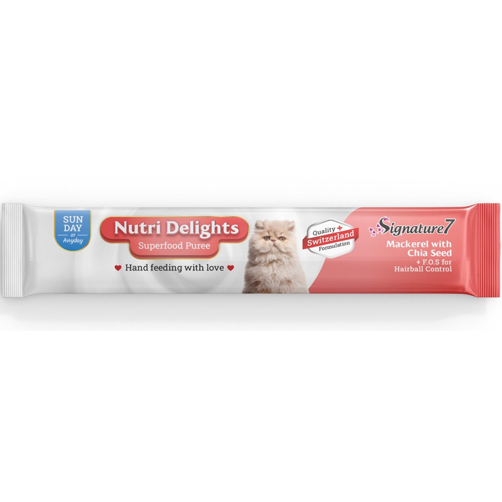 '3 FOR $8.90': Signature7 Nutri Delights Superfood Mackerel With Chia Seed & FOS (Sun) Puree Cat Treats 60g
