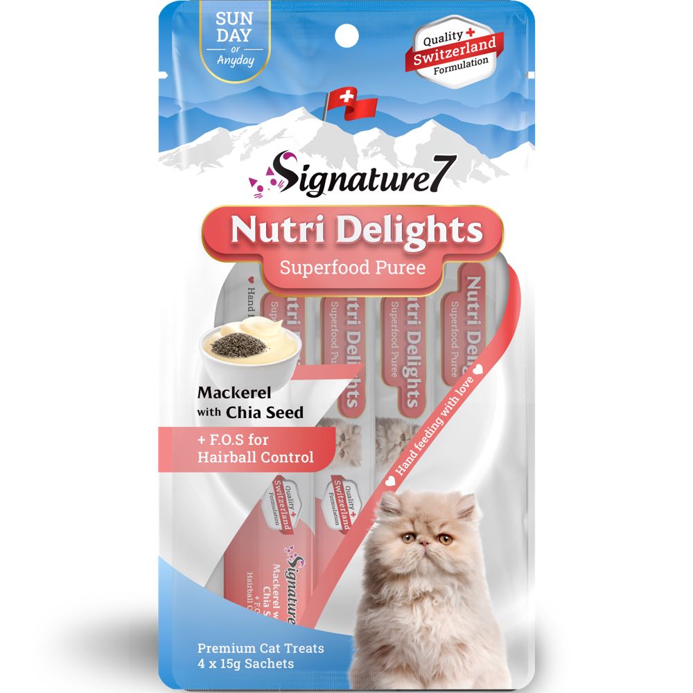 '3 FOR $8.90': Signature7 Nutri Delights Superfood Mackerel With Chia Seed & FOS (Sun) Puree Cat Treats 60g
