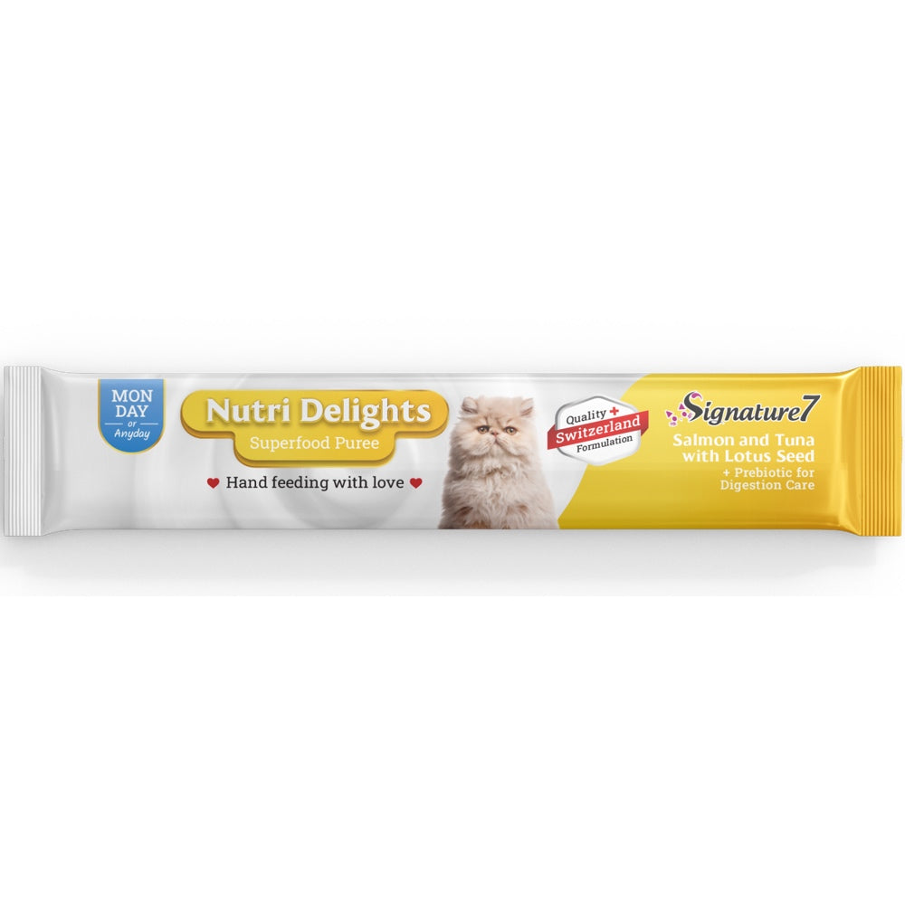 '3 FOR $8.90': Signature7 Nutri Delights Superfood Salmon & Tuna With Lotus Seed & Prebiotic (Mon) Puree Cat Treats 60g