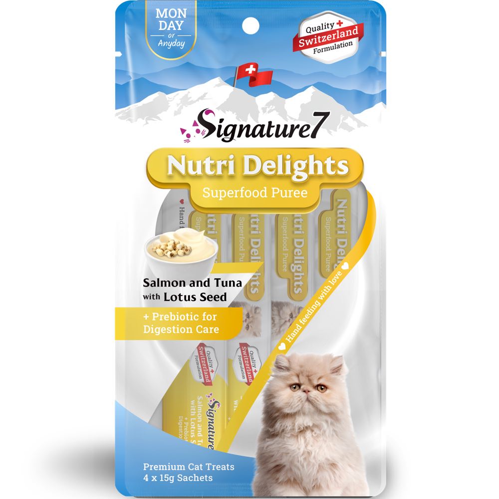 '3 FOR $8.90': Signature7 Nutri Delights Superfood Salmon & Tuna With Lotus Seed & Prebiotic (Mon) Puree Cat Treats 60g