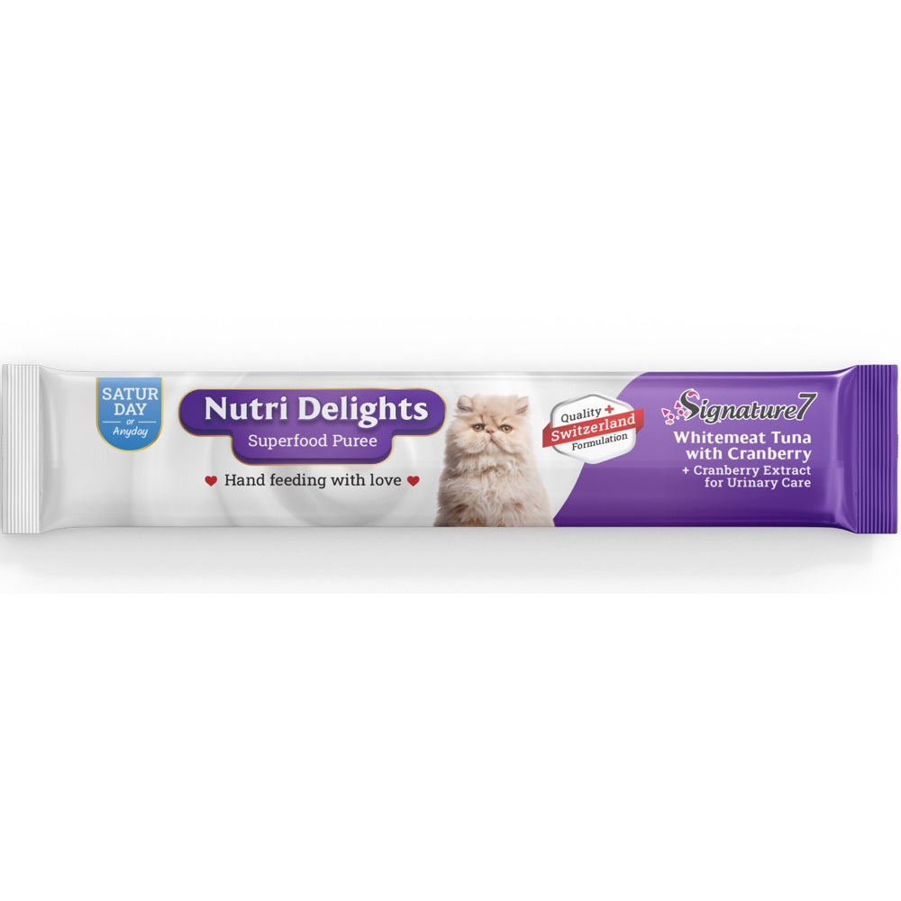 '3 FOR $8.90': Signature7 Nutri Delights Superfood Whitemeat Tuna With Cranberry (Sat) Puree Cat Treats 60g