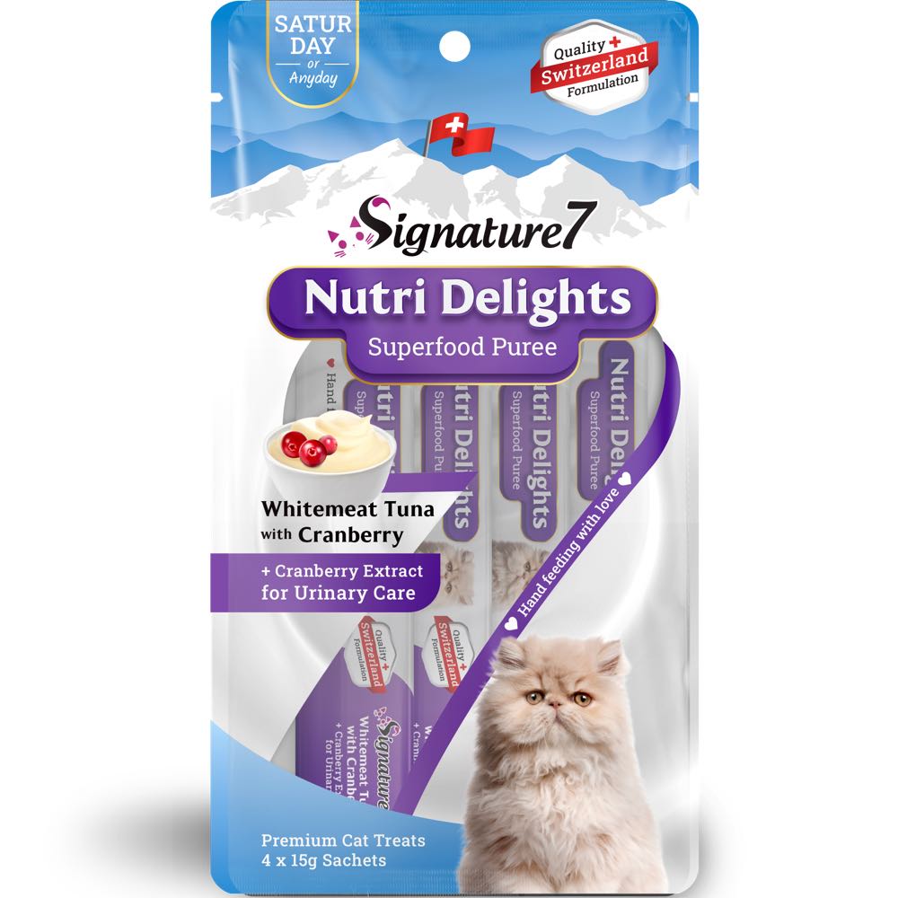 '3 FOR $8.90': Signature7 Nutri Delights Superfood Whitemeat Tuna With Cranberry (Sat) Puree Cat Treats 60g