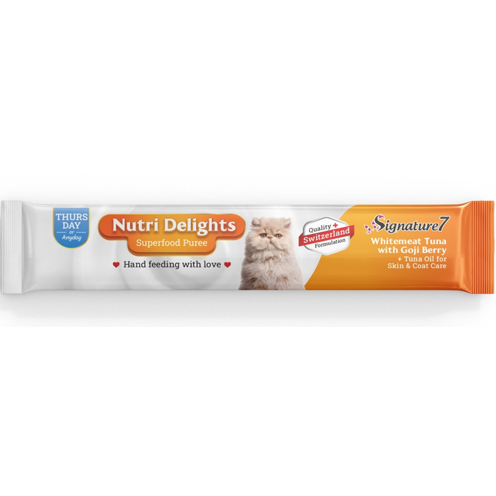 '3 FOR $8.90': Signature7 Nutri Delights Superfood Whitemeat Tuna With Goji Berry & Tuna Oil (Thurs) Puree Cat Treats 60g