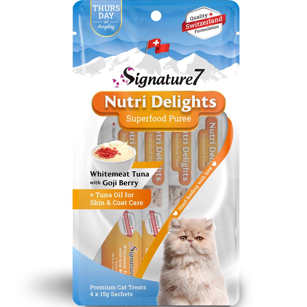 '3 FOR $8.90': Signature7 Nutri Delights Superfood Whitemeat Tuna With Goji Berry & Tuna Oil (Thurs) Puree Cat Treats 60g