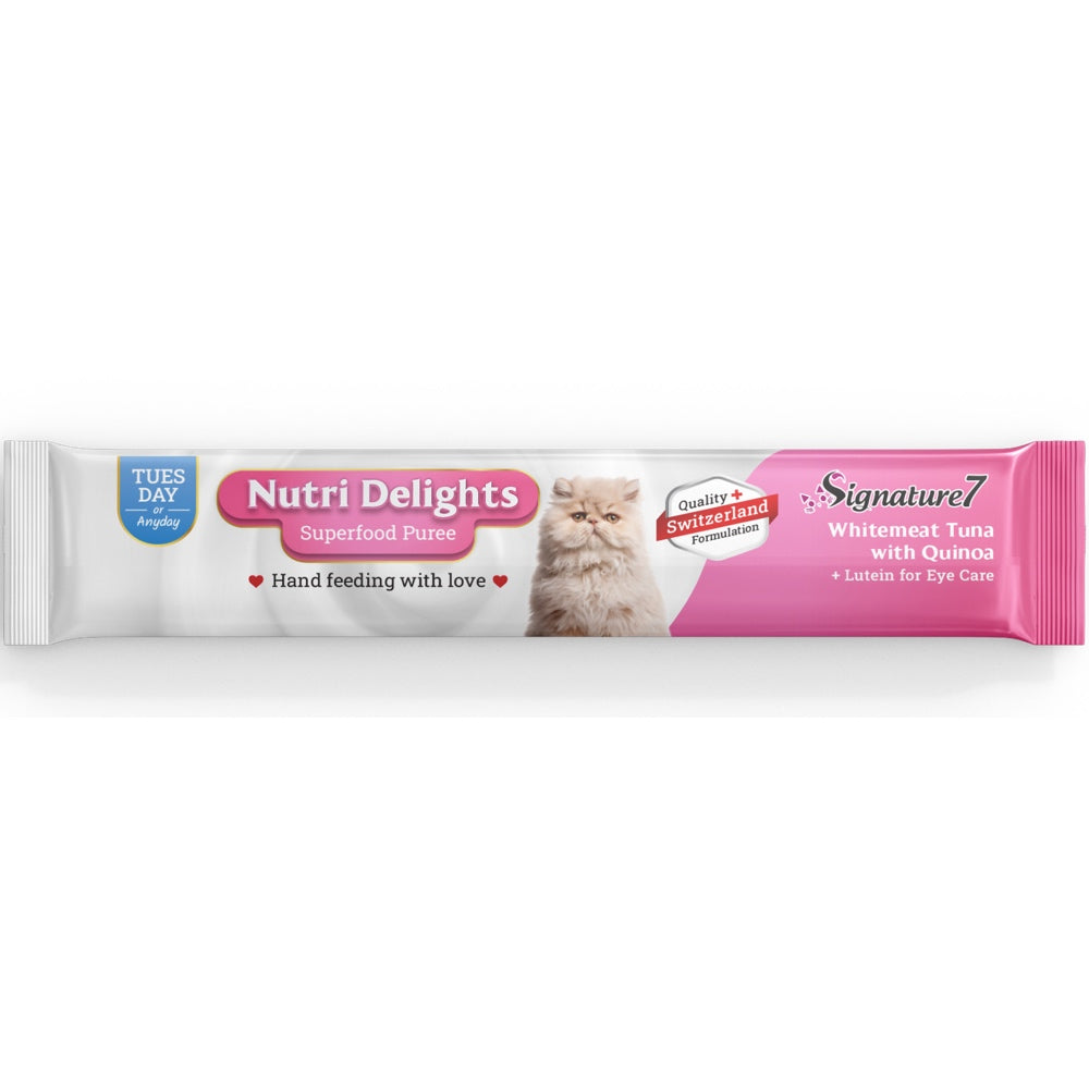 '3 FOR $8.90': Signature7 Nutri Delights Superfood Whitemeat Tuna With Quinoa & Lutein (Tues) Puree Cat Treats 60g