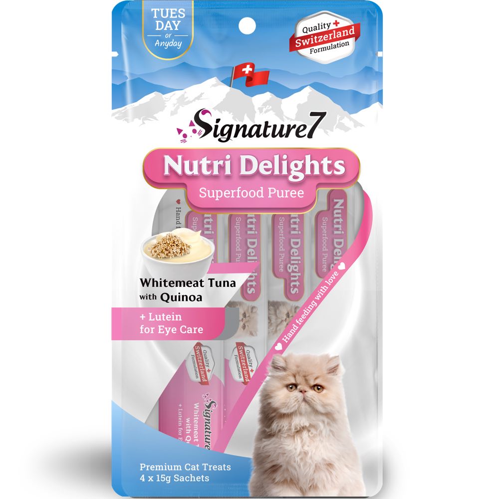 '3 FOR $8.90': Signature7 Nutri Delights Superfood Whitemeat Tuna With Quinoa & Lutein (Tues) Puree Cat Treats 60g