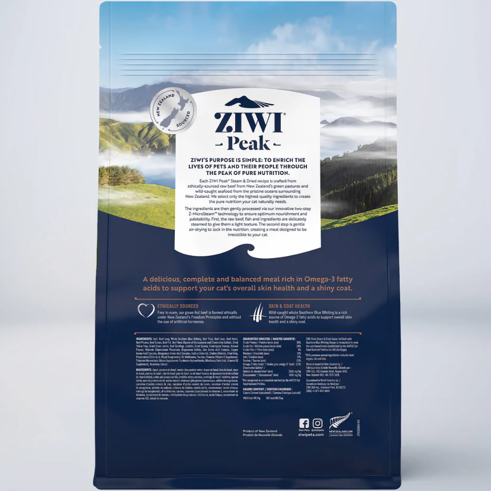 25% OFF: Ziwi Peak Grass Fed Beef Southern Blue Whiting Recipe Steam & Dried Cat Food